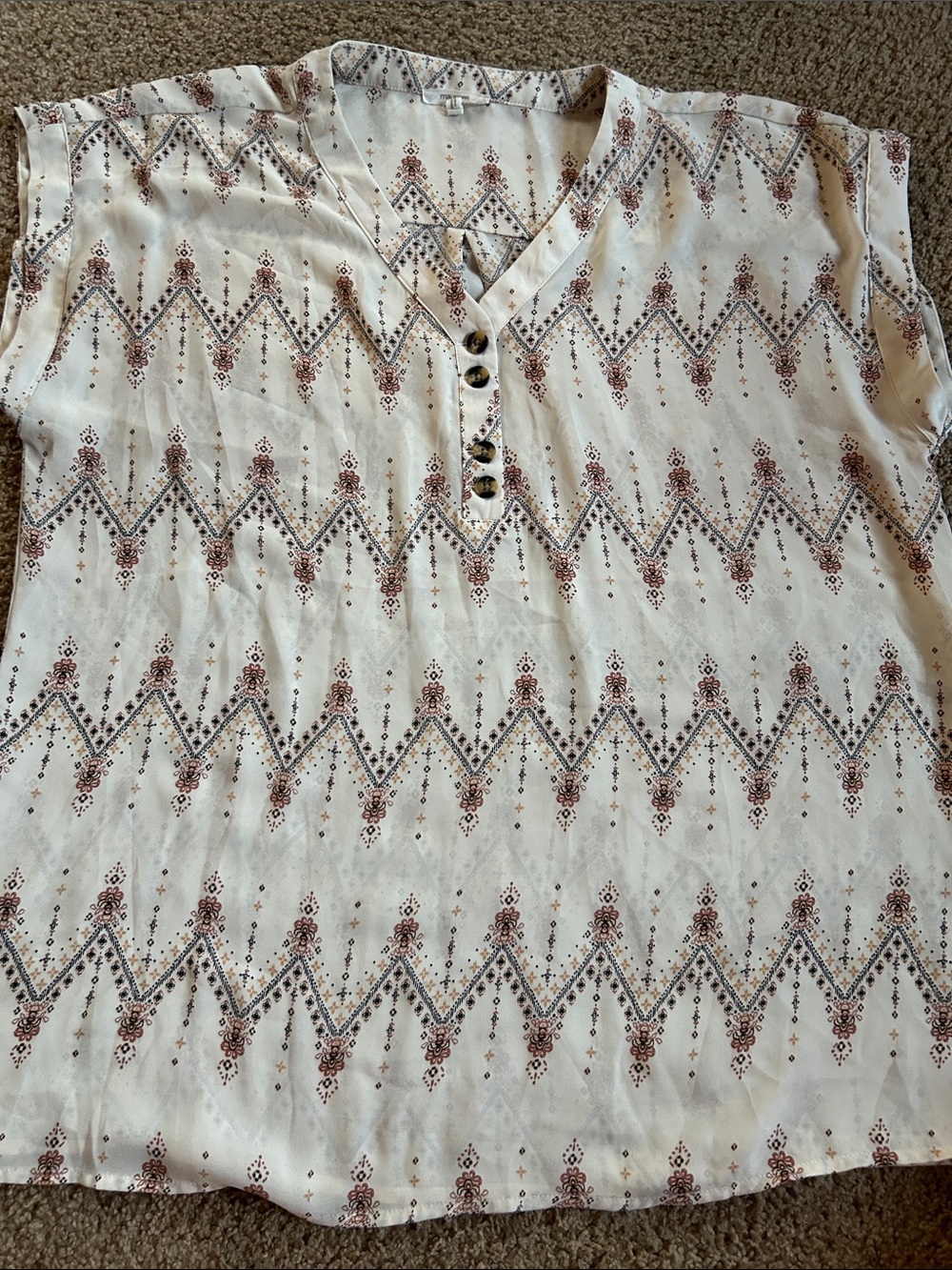 Maurices Cream Sleeveless V-Neck Top with Brown & Black Geo Print